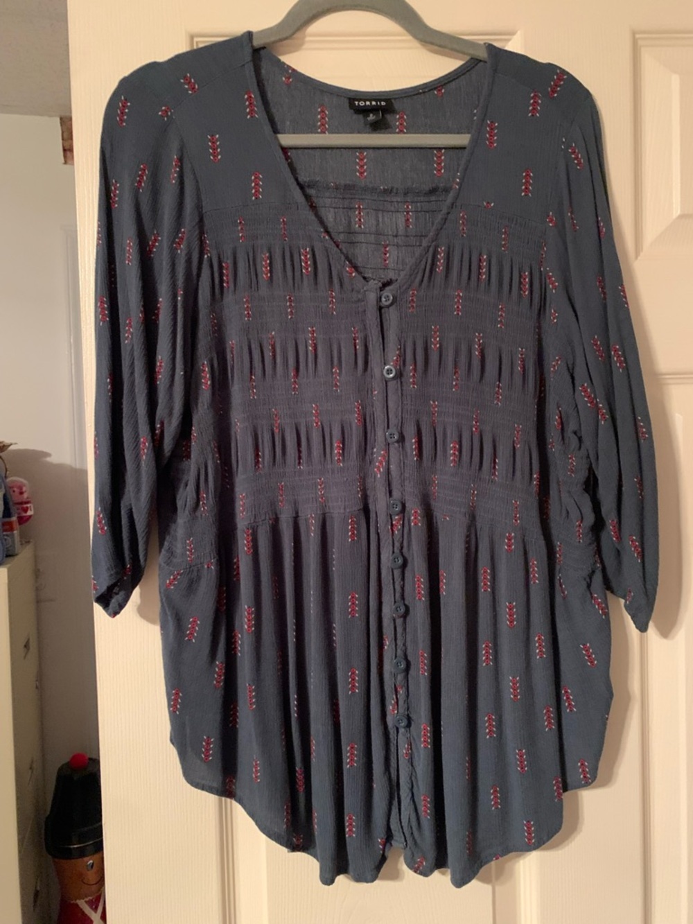 torrid navy blue button-down blouse with red print